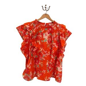 Candace Cameron Bure Floral Embroidered Ruffle Sleeve Top Orange Red 3X Blouse